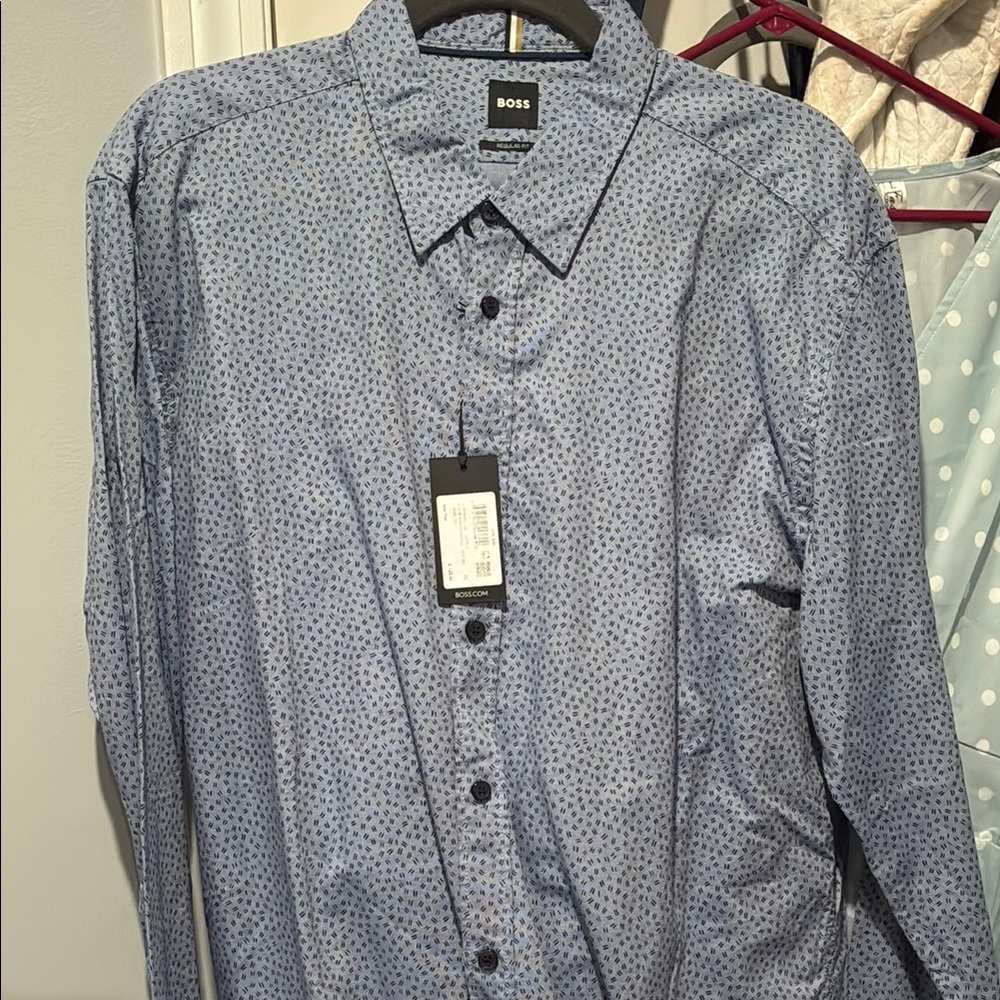 Boss Blue Dress Shirt with Geometric Pattern